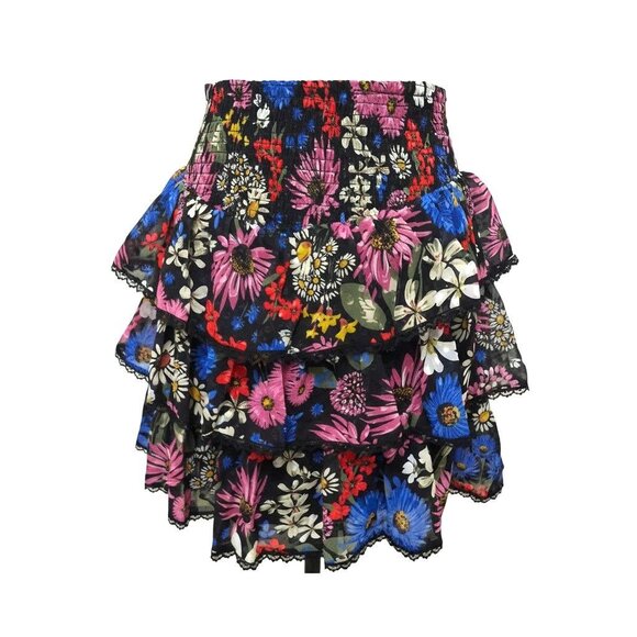 Spring & Mercer Black Multi Floral Tiered Mini Skirt Smocked Waist Sz S Fairy - Picture 2 of 9